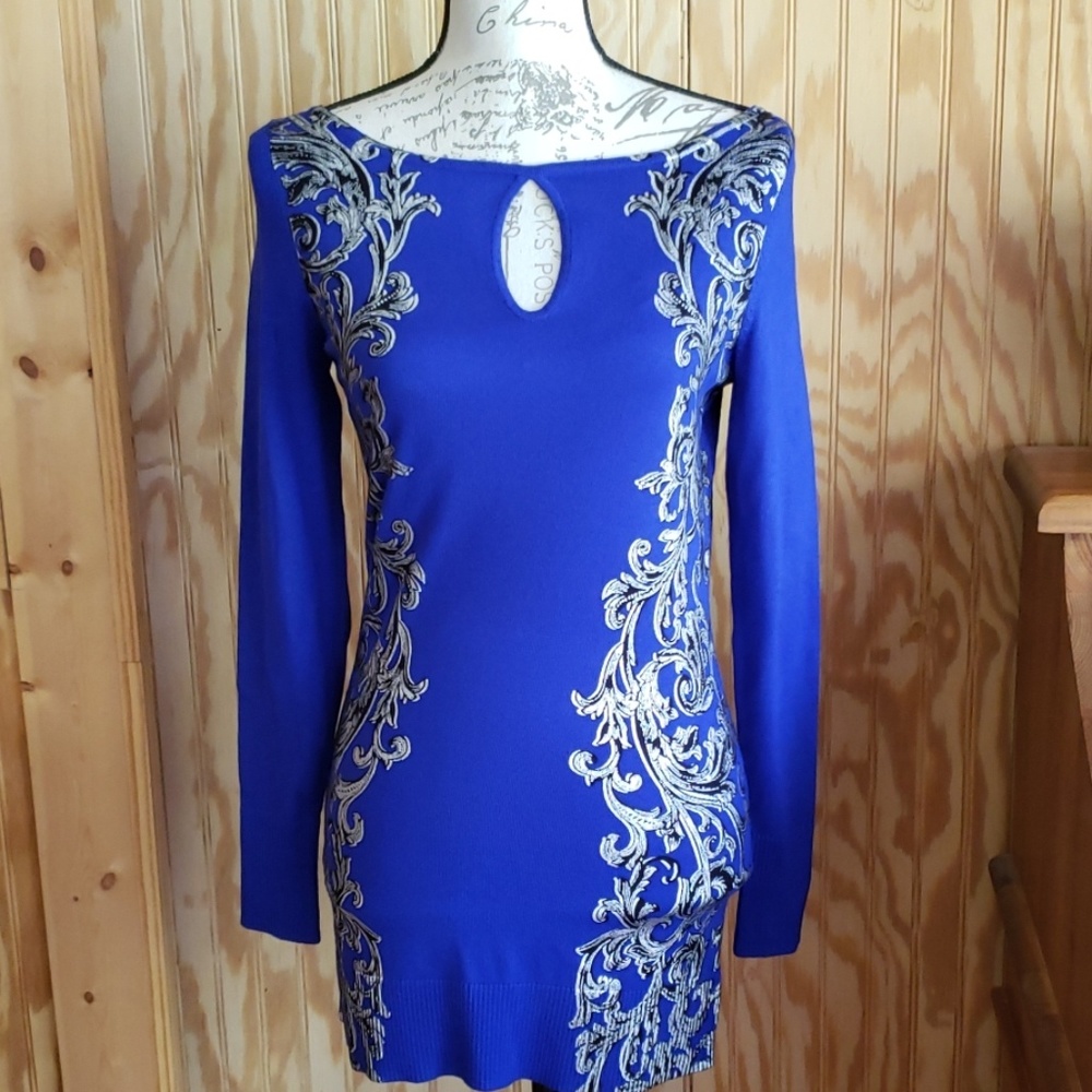 Cache' Stretch Royal Blue Scroll Design Dresd